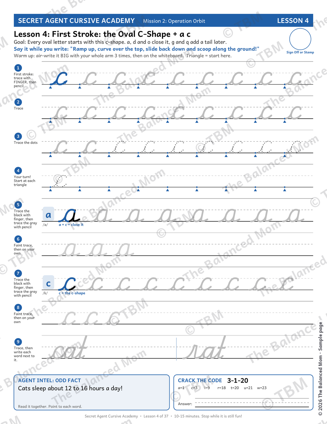 Secret Agent Cursive Academy Lesson 4 practice page for the letter c