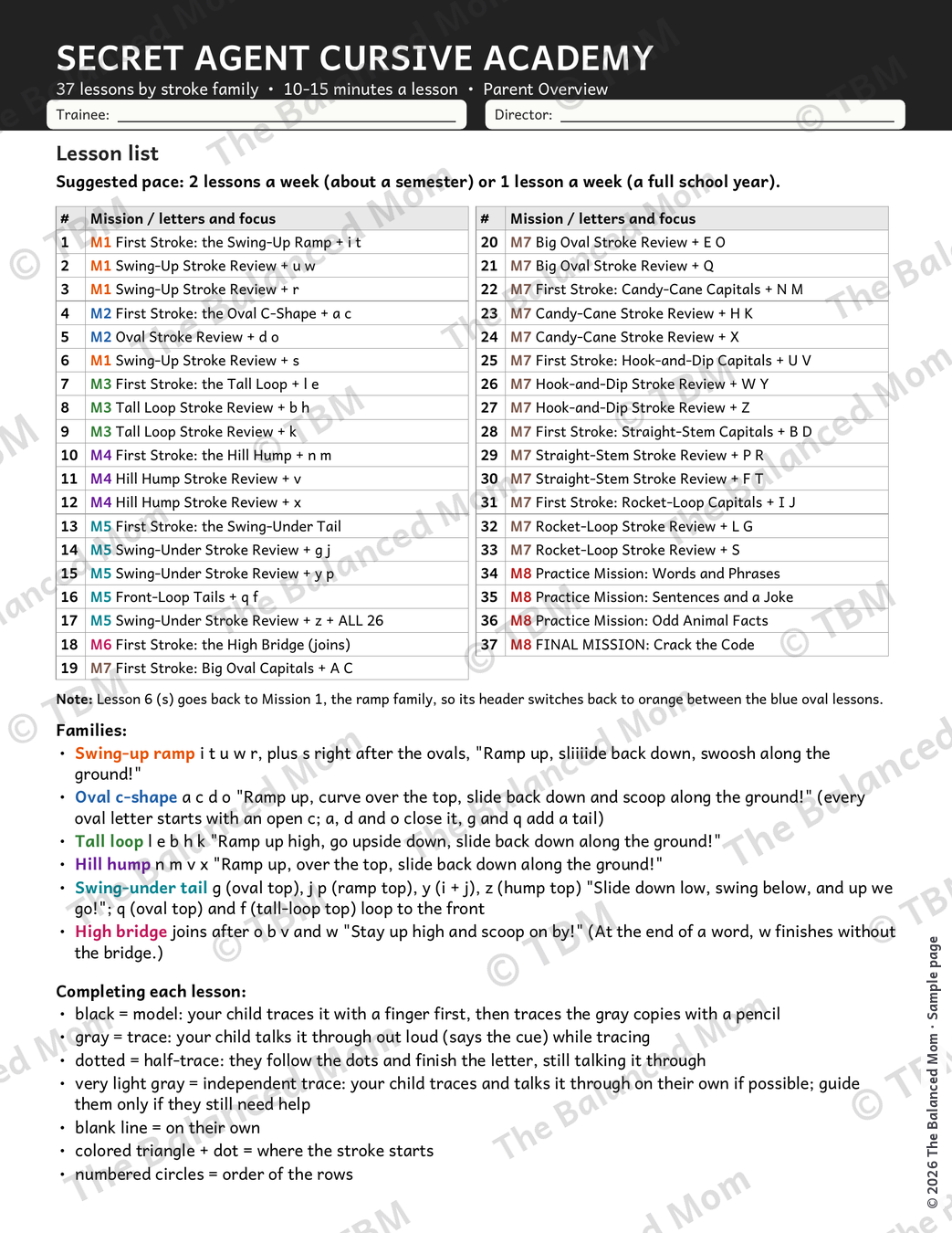 Secret Agent Cursive Academy lesson list grouped by stroke families