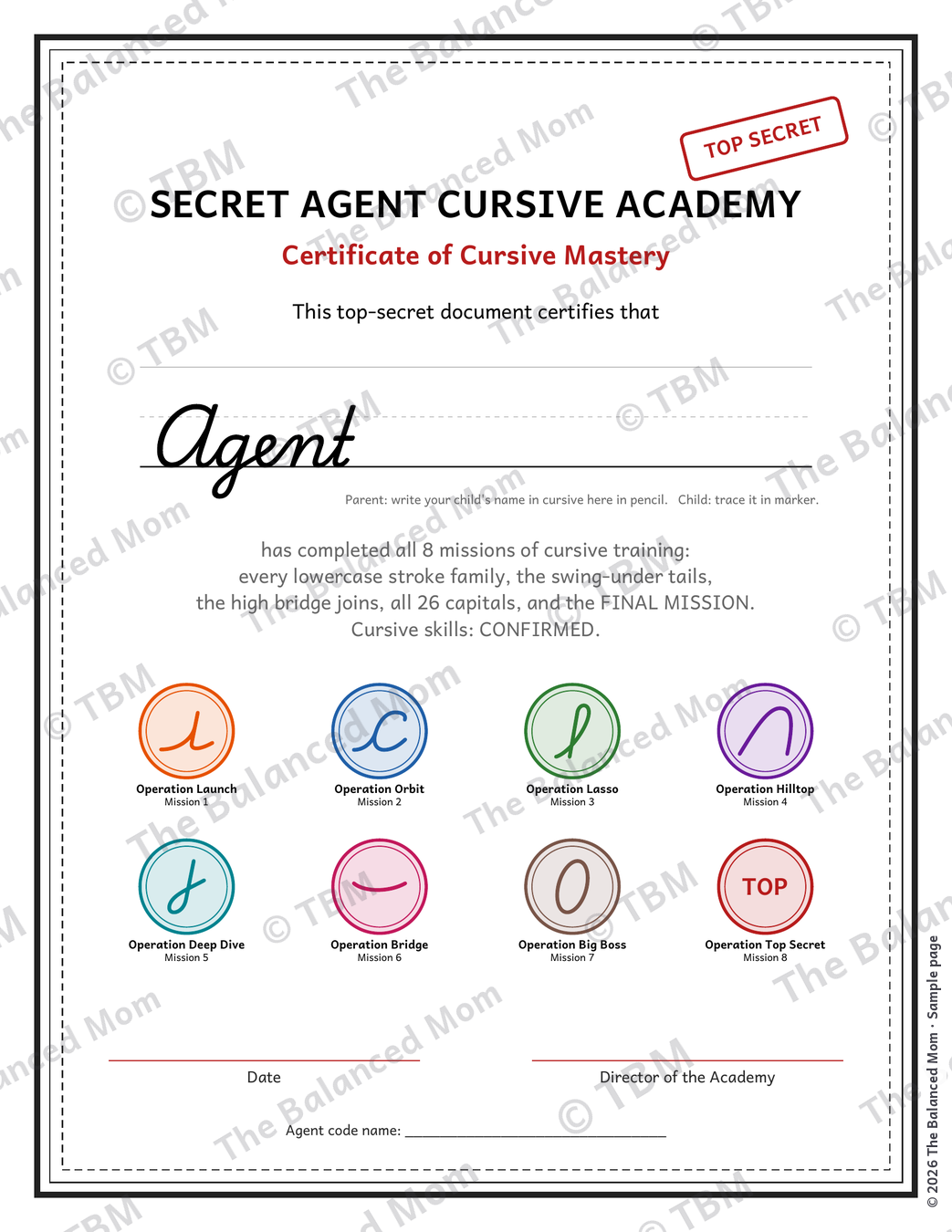 Secret Agent Cursive Academy certificate of cursive mastery